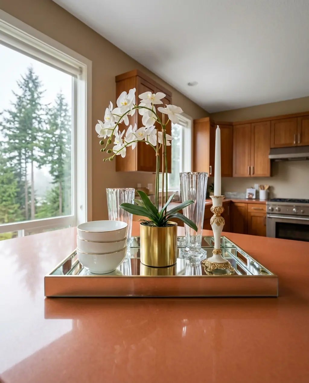 Glamorous Spring Kitchen Island with Mirrored Tray and Orchids