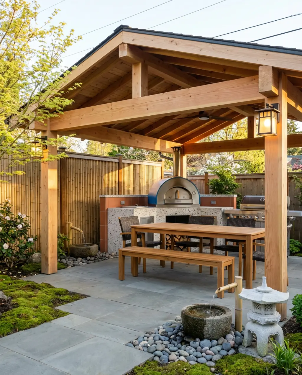 Pizza Oven & Grill Combo Under Wood Beam Roof