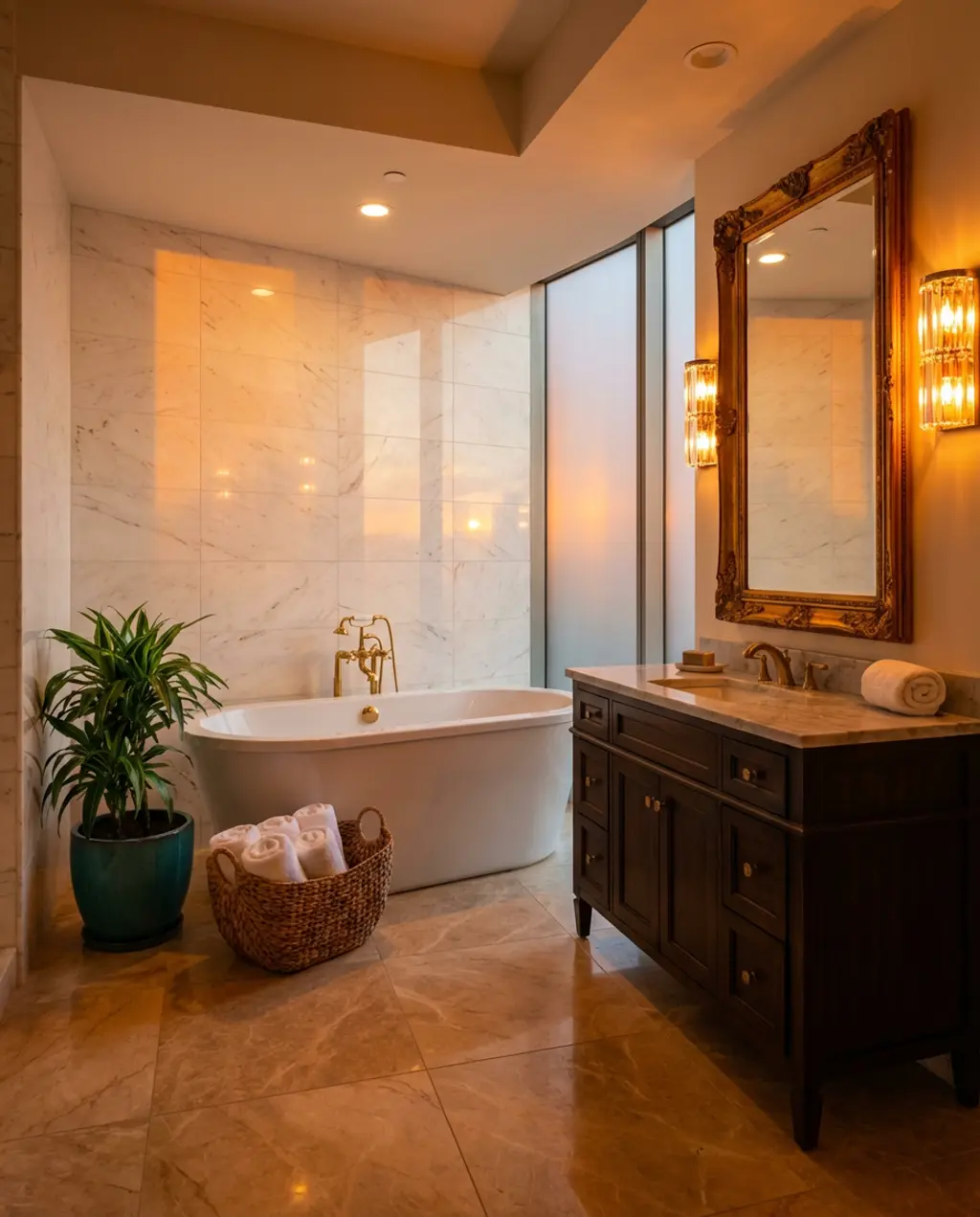 Luxury Apartment Bathroom with Freestanding Tub and Marble Accents