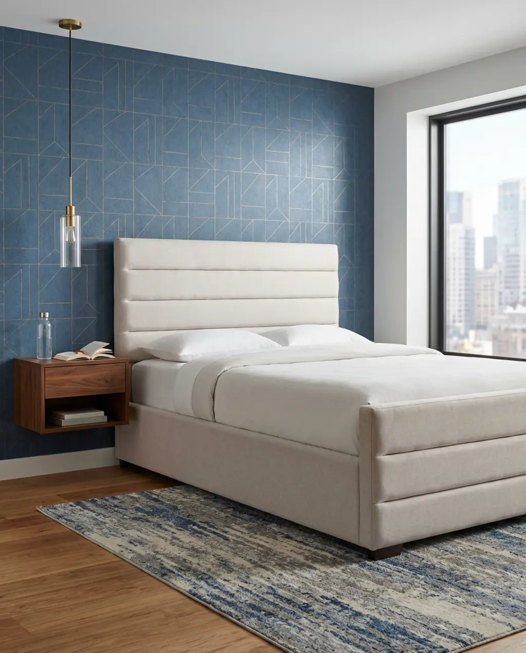 Sophisticated Geometric Blue Wallpaper Accent Wall