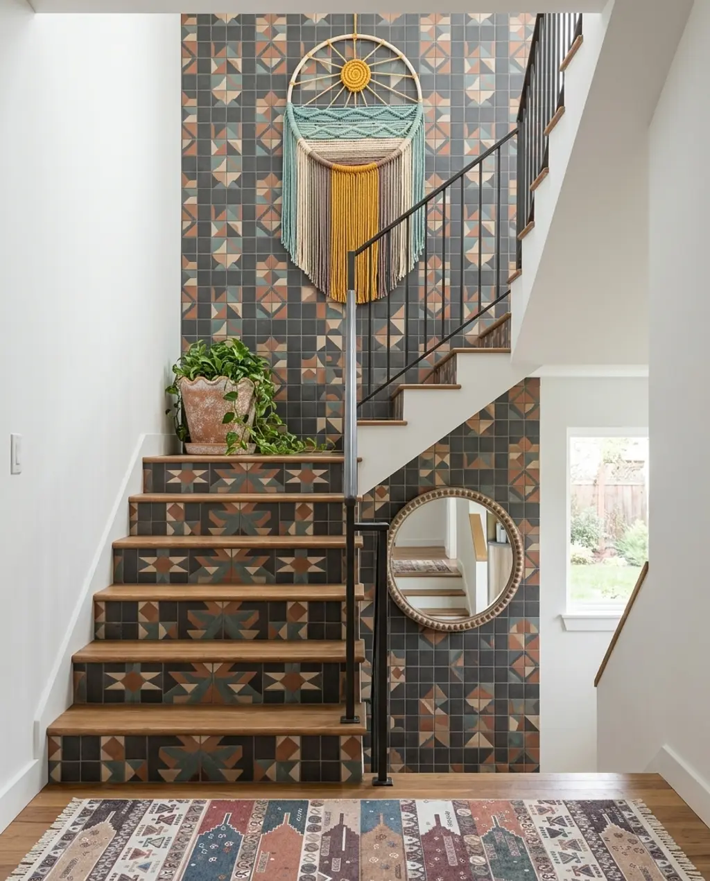 Enclosed Staircase with Geometric Tile Accent Wall