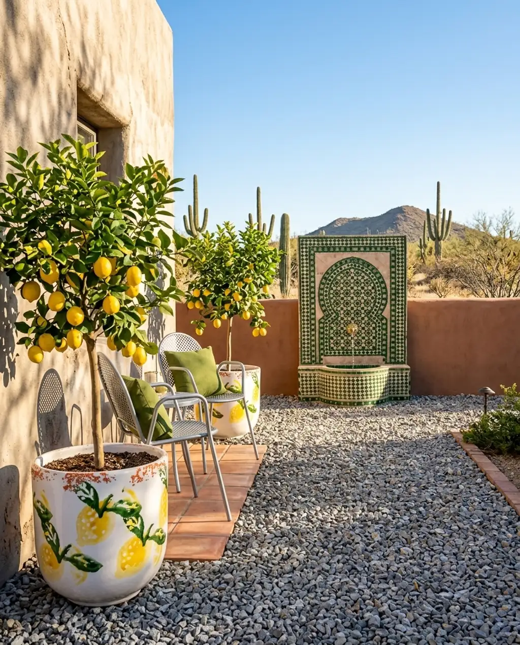 Mediterranean Courtyard Layout with Citrus Trees & Tiled Fountain