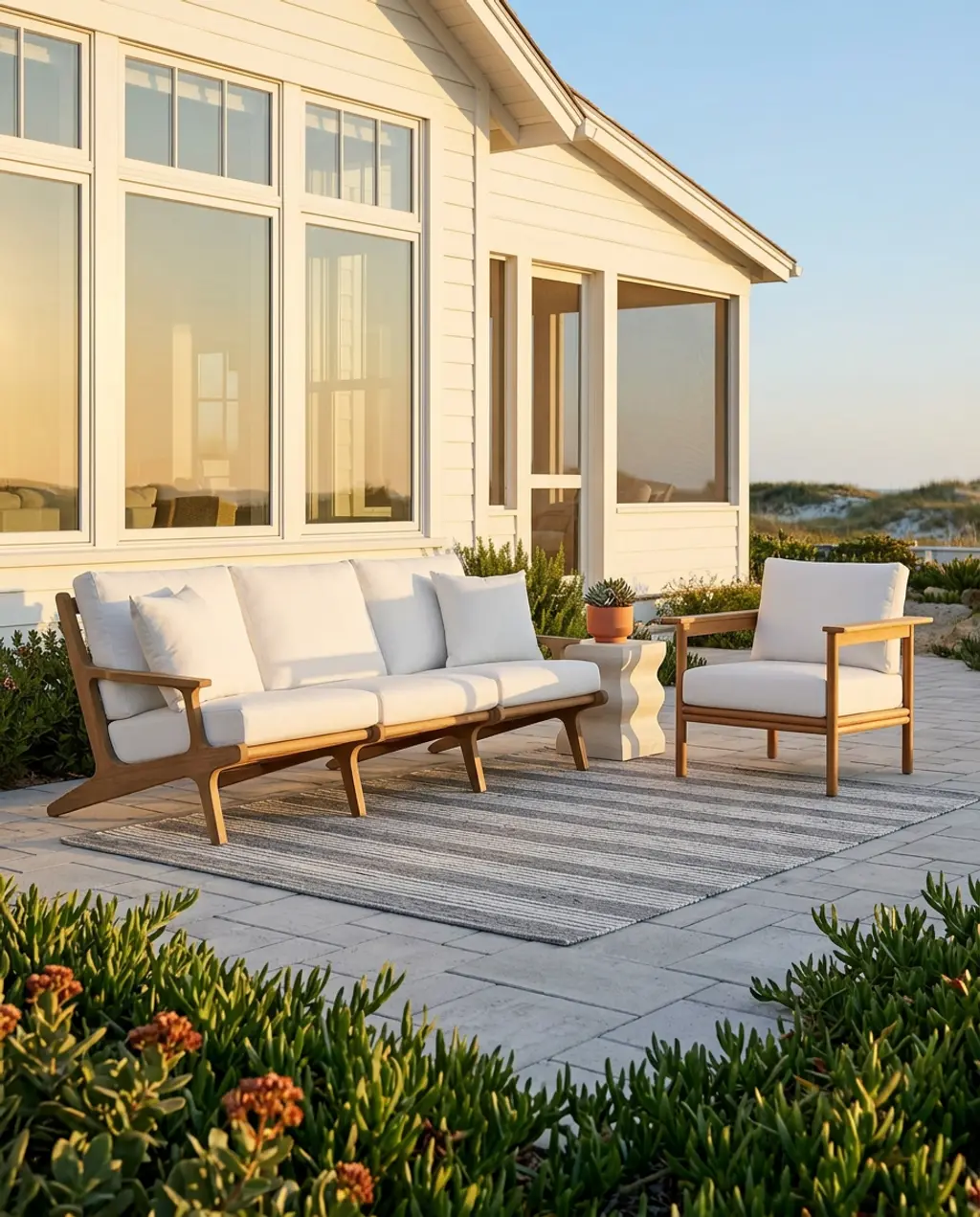 Coastal Patio with Gray Teak Wood and White Cushions