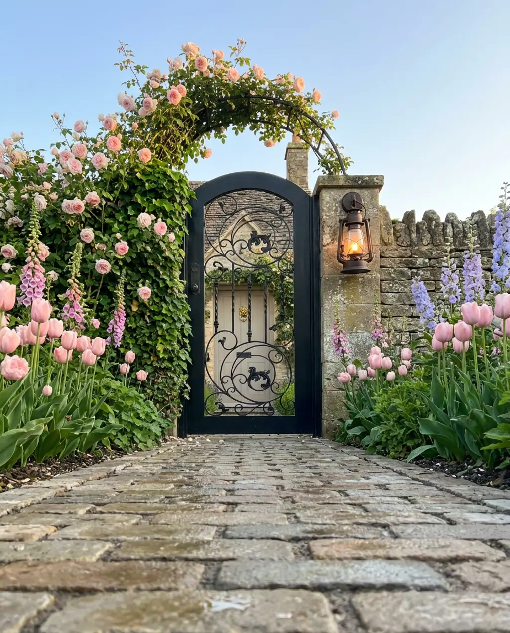 Cottage Garden Entryway with Arched Gate and Climbing Ivy
