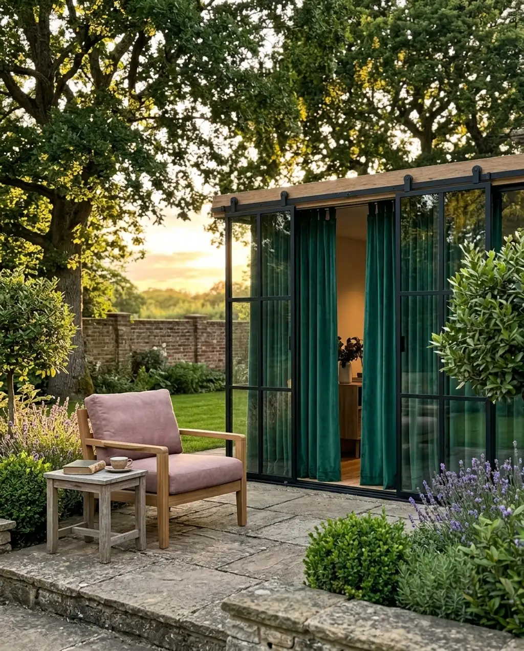 Cozy Reading Nook with Black French Patio Doors and Velvet Curtains — Luxury Version