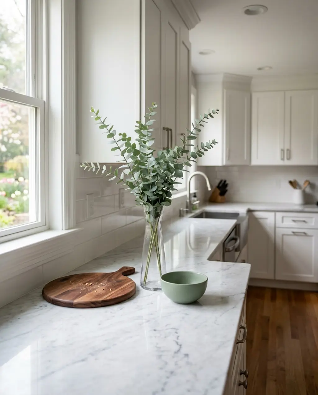 Transitional Spring Kitchen Counter with Greenery and Wood Tones