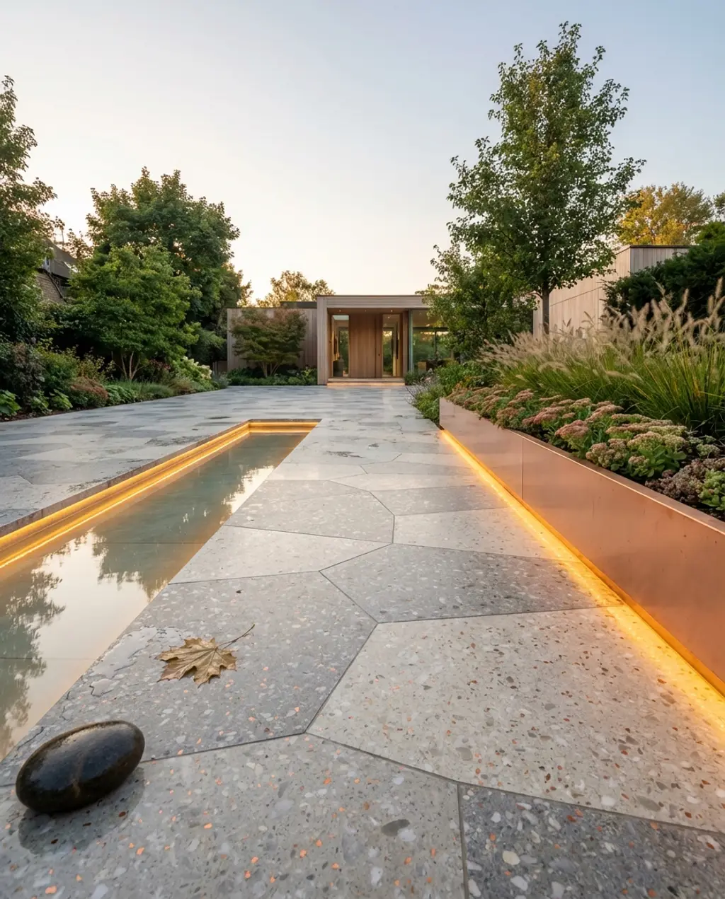 Modern Stone Driveway with Integrated Water Feature and Lighting