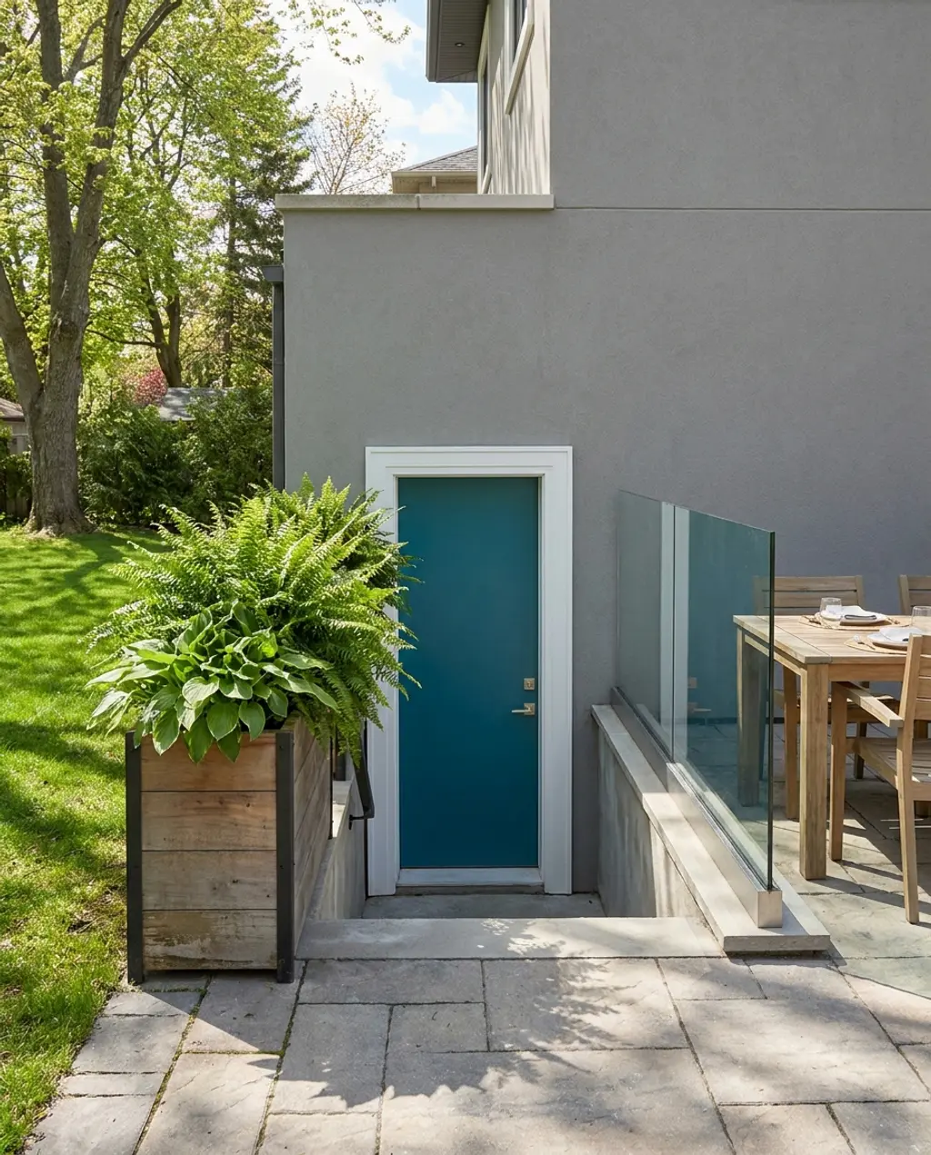 Basement Stairs Entry with Modern Glass Railing