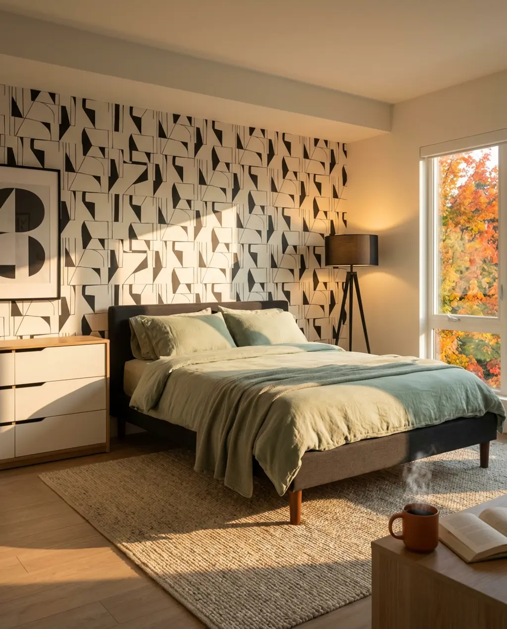Chic Black and White Abstract Wallpaper for a Modern Bedroom