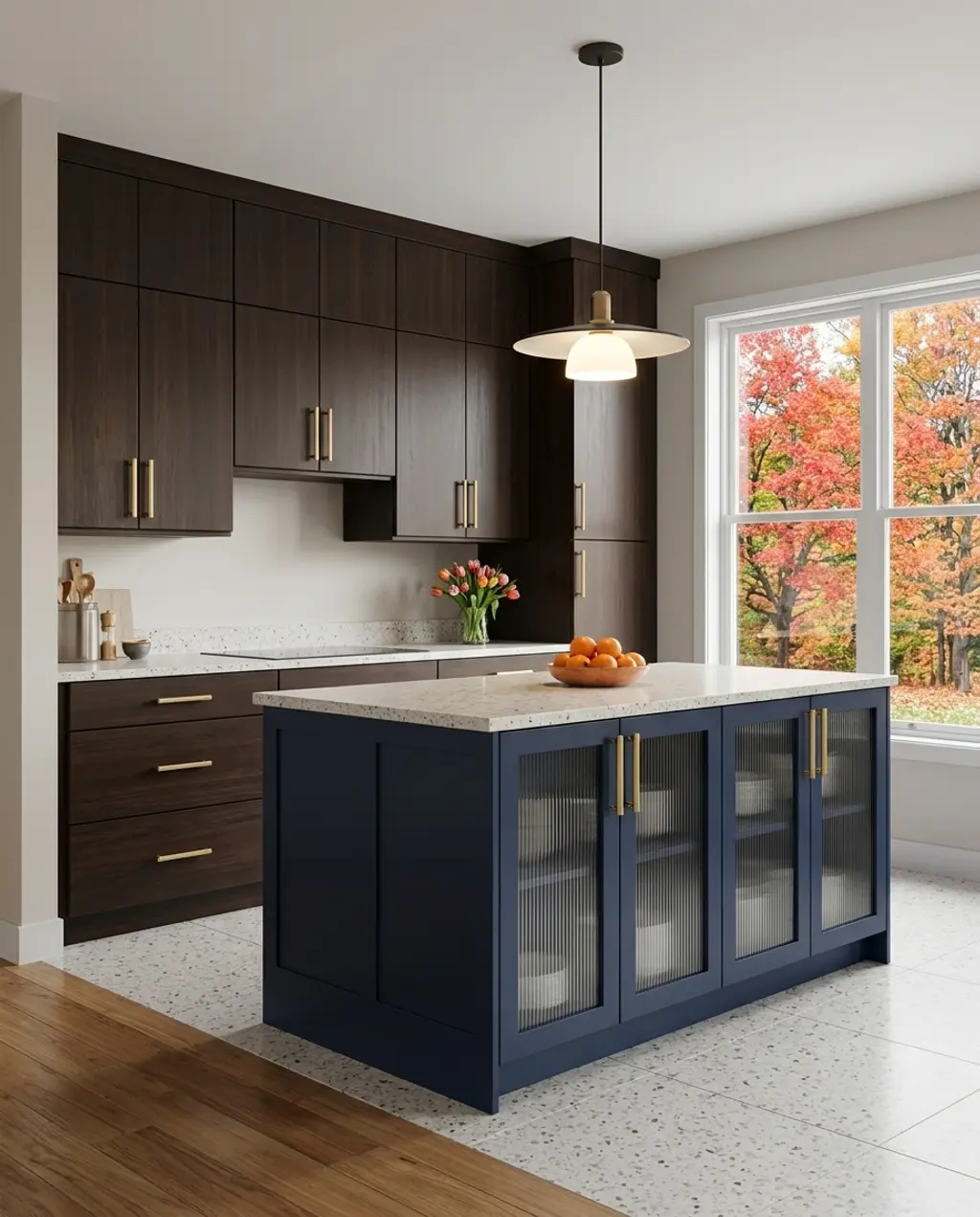 Dark Wood Kitchen with Brass Hardware and Navy Island
