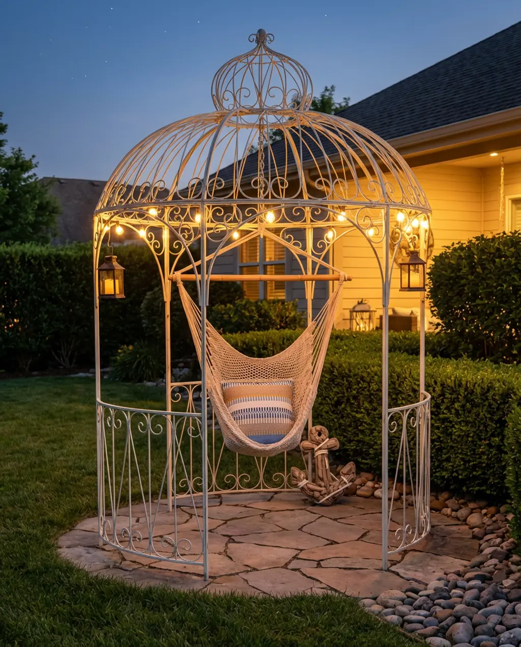 White Metal Gazebo with Coastal Decor Accents