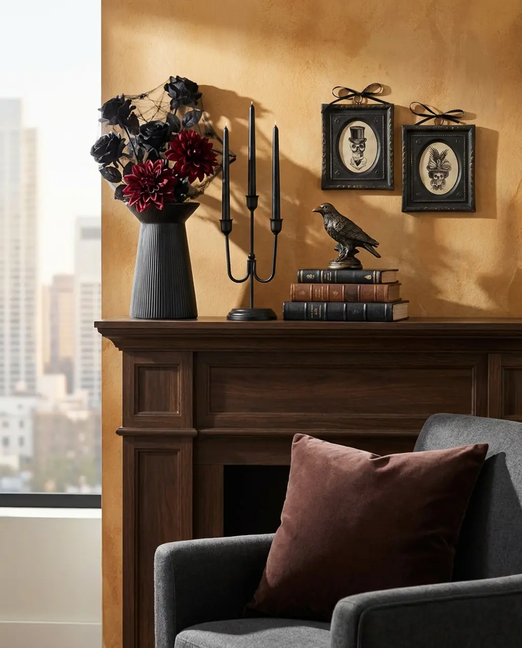 Spooky-Chic Halloween Mantle with Dark Florals and Unique Finds 2026