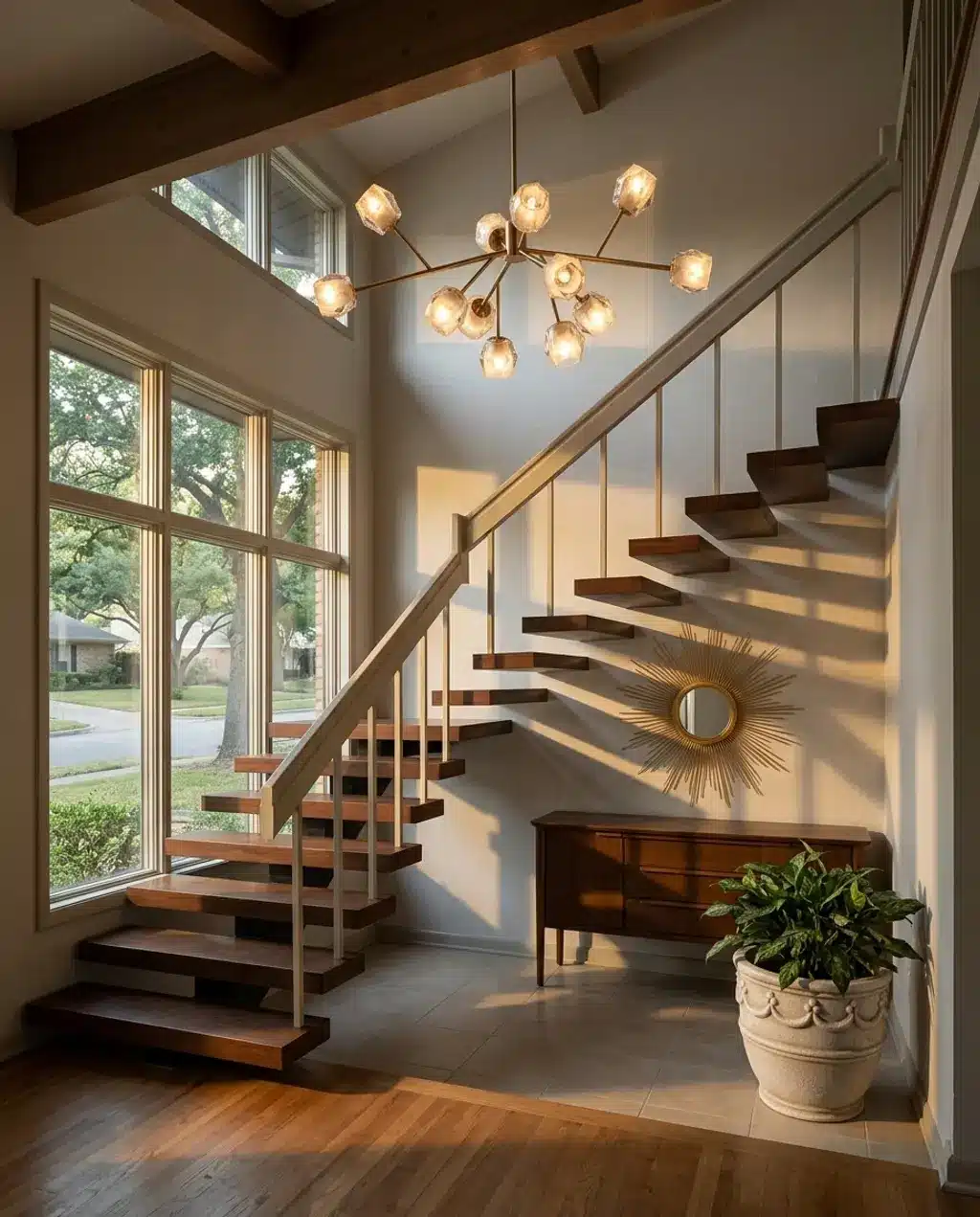 Split-Level Entryway with Mid-Century Modern Floating Staircase