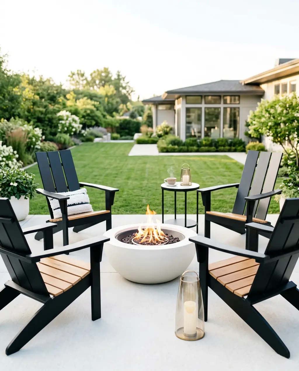 Modern Patio with Black and Wood Adirondack Chairs around Fire Pit