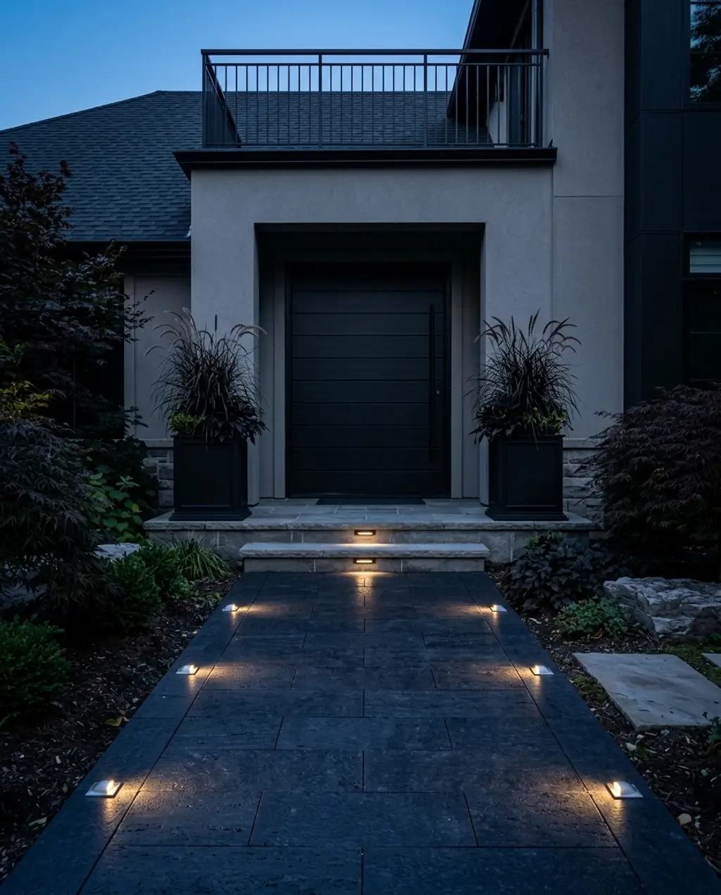 Sleek Black Pavers with LED Lighting for a Dramatic Evening Entrance