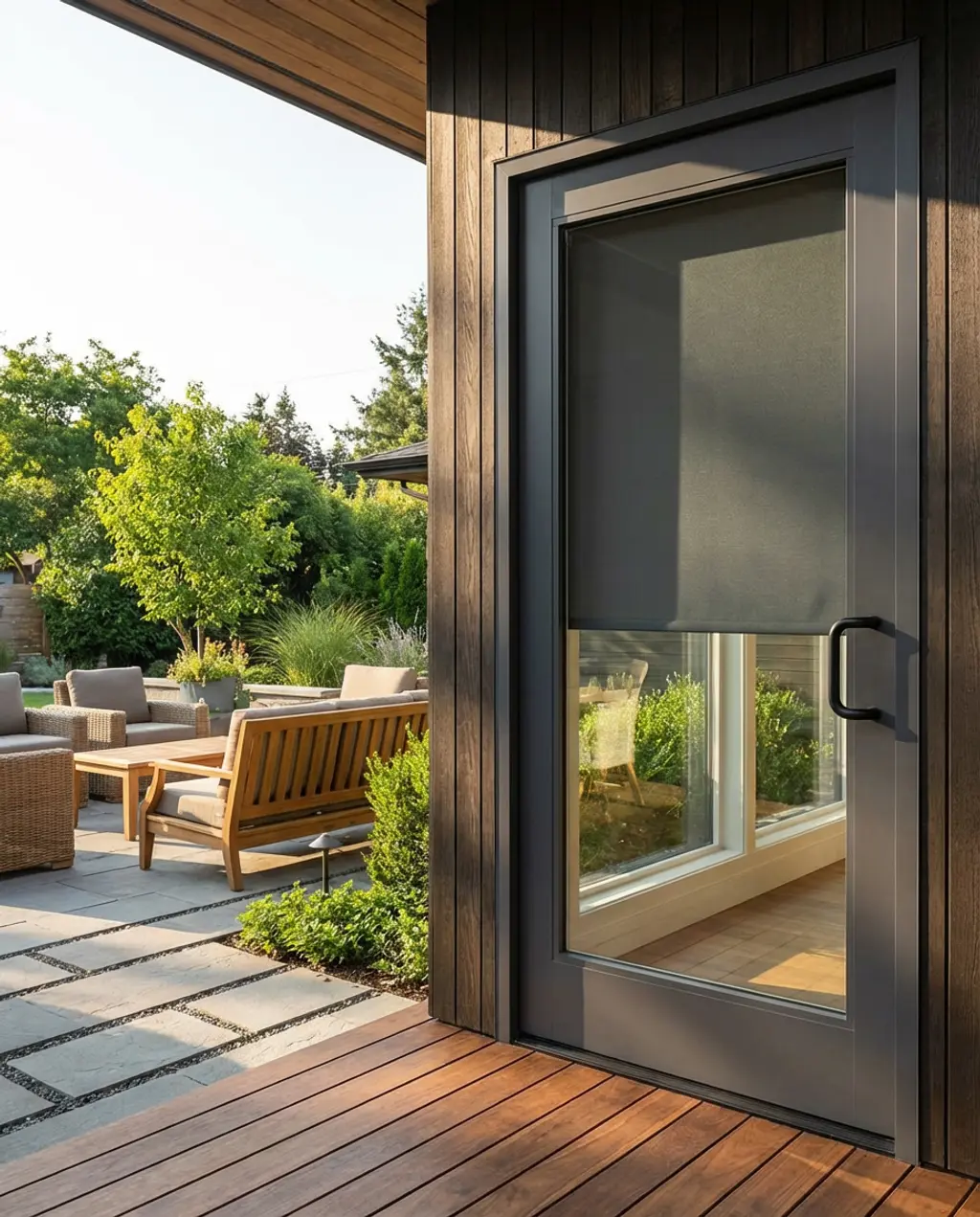 Contemporary Patio Doors with Slim Frames and Automated Roller Blinds