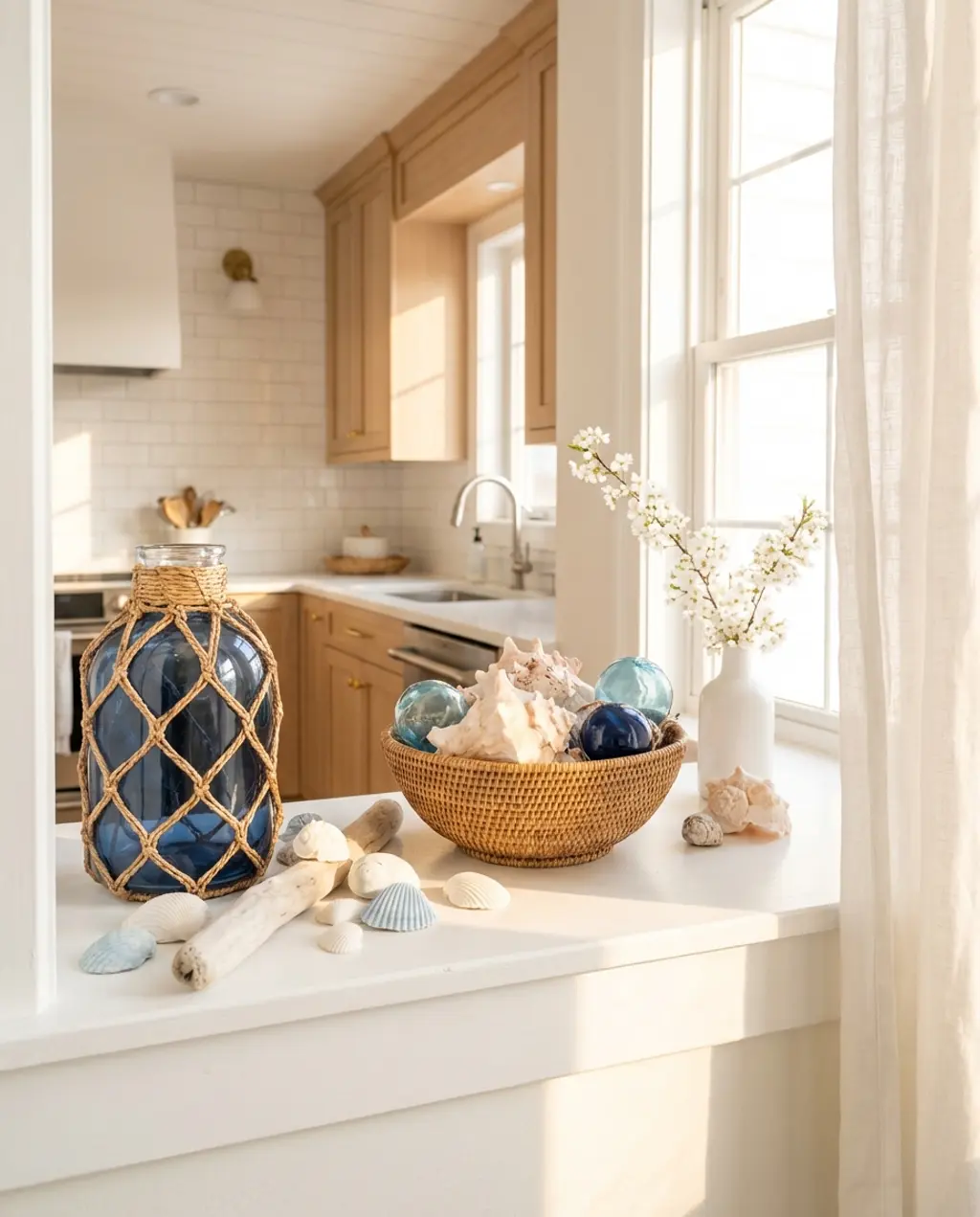 Coastal Spring Kitchen Window with Seashells and Glass Buoys