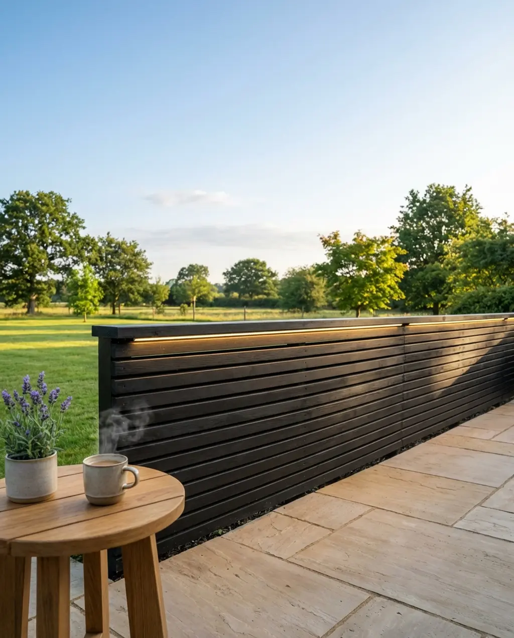Minimalist Black Slat Fence with Statement Lighting