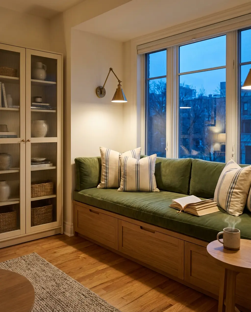 Small Apartment Living Room with Built-in Window Seat Storage