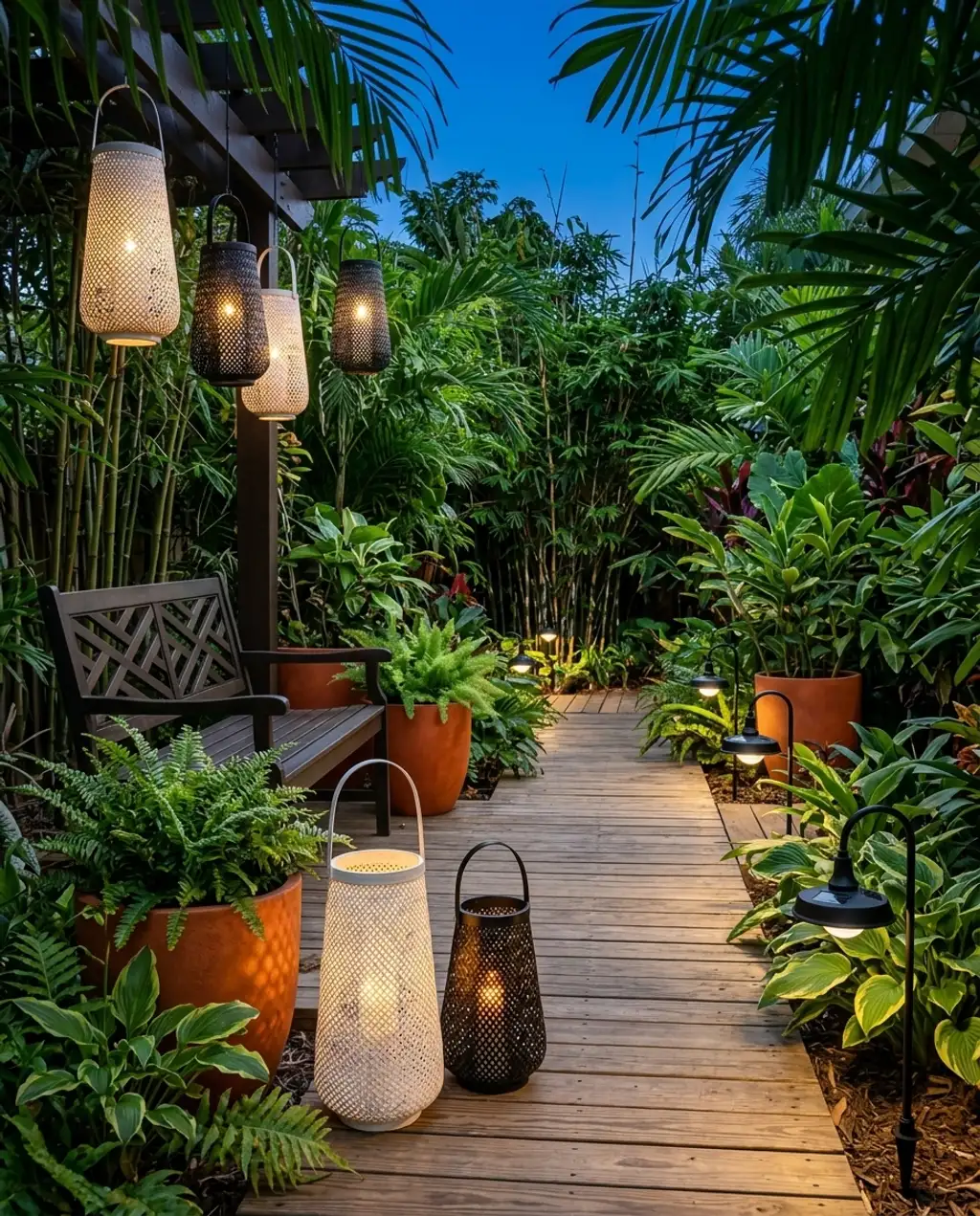 Lush Tropical Garden with Hanging Lanterns