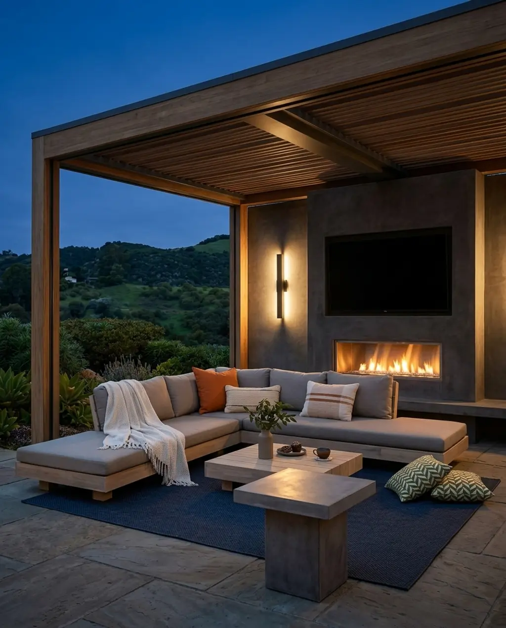 Modern Pergola with Integrated Fireplace and Entertainment Wall