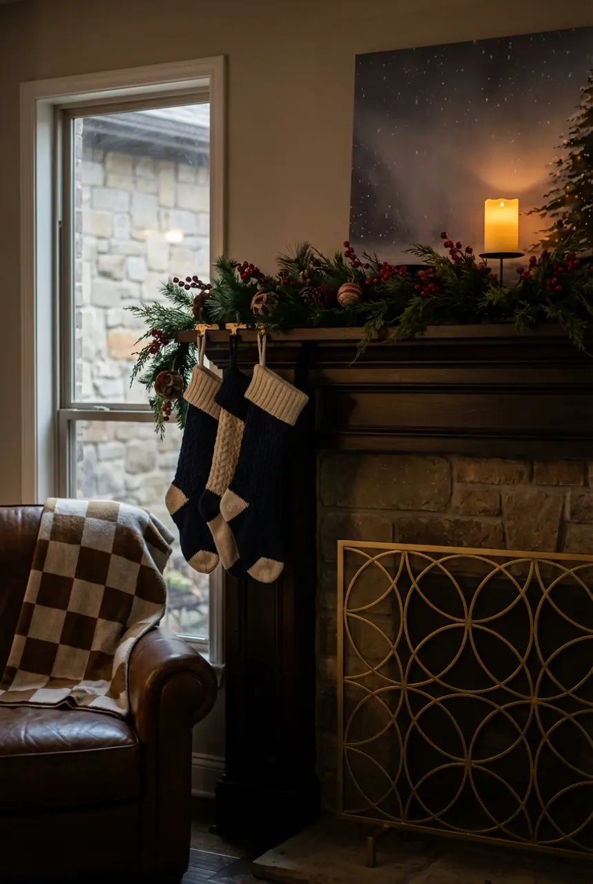 Cozy Christmas Mantle with Garland and Stockings 2026