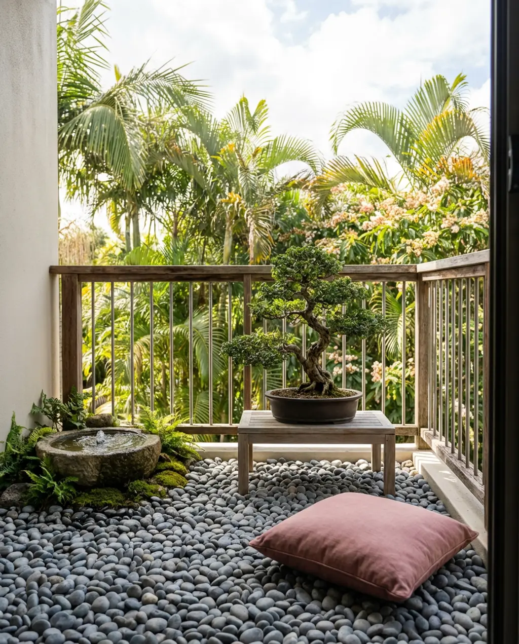 Zen Garden Balcony with Pebbles and Water Feature