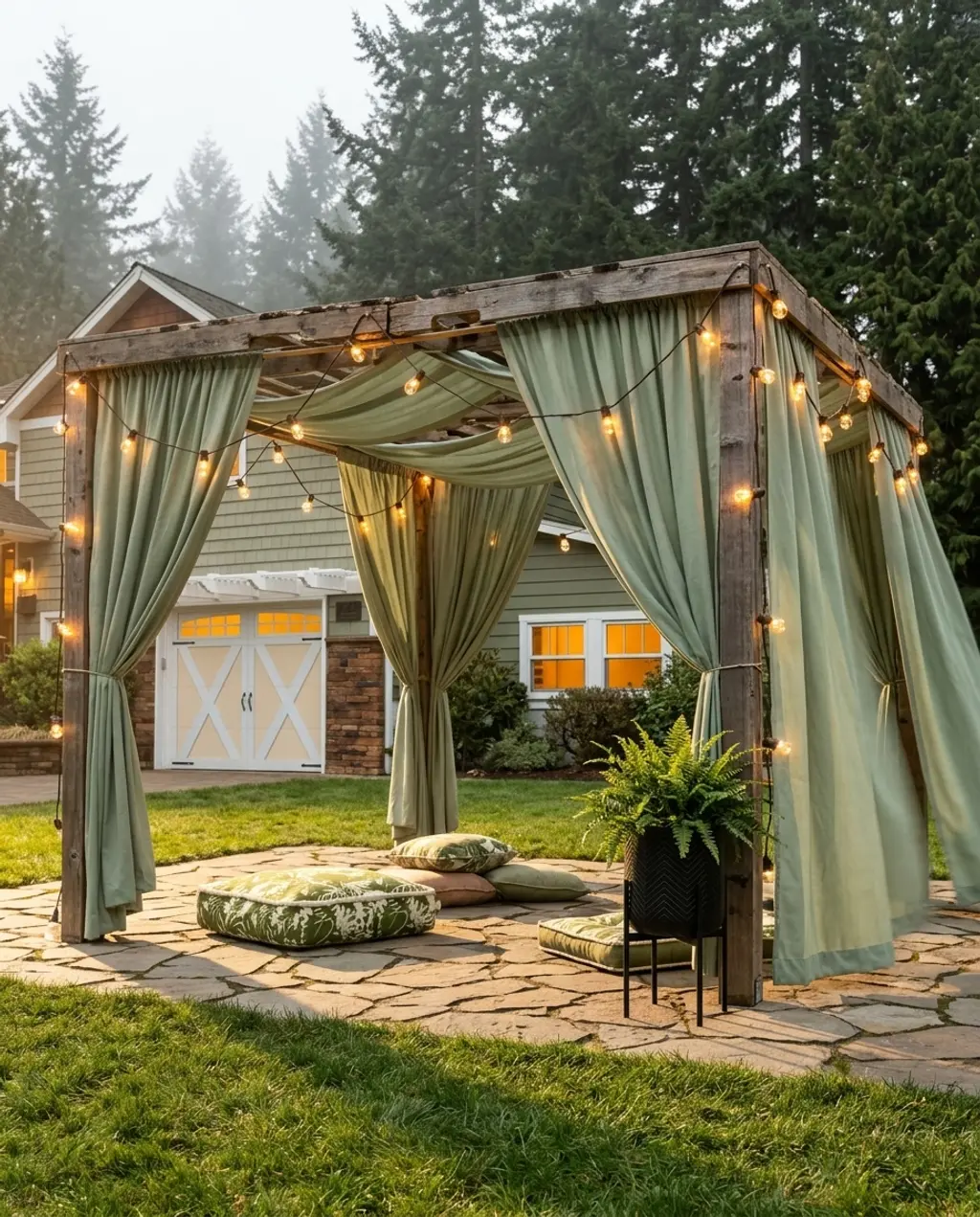 Upcycled Pallet Pergola with Fabric Drapes (DIY Budget)