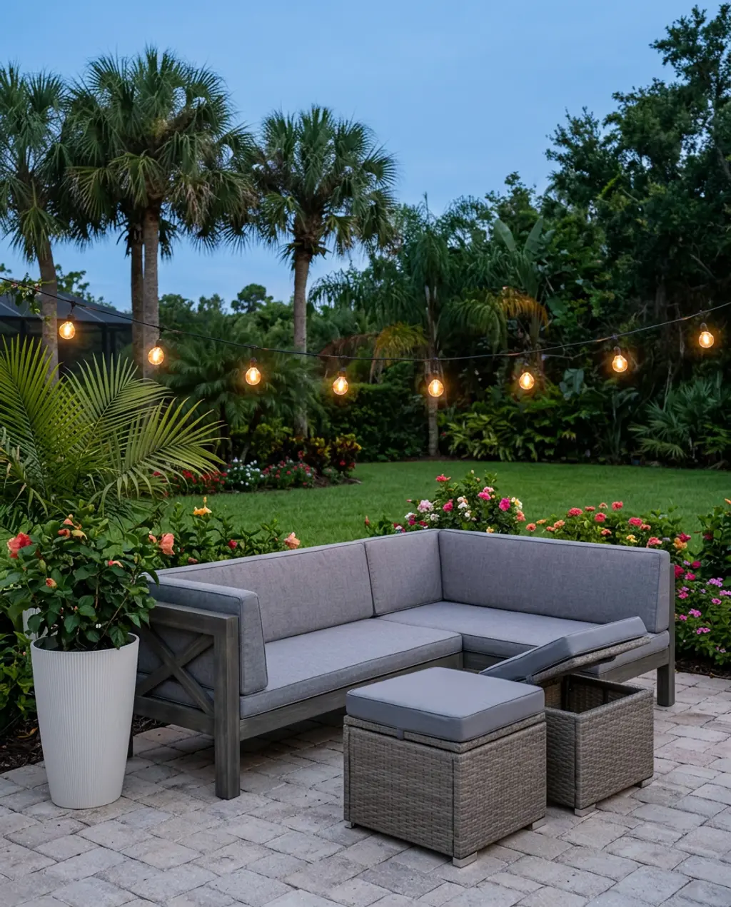 Small Patio Layout with Corner Gray Sectional and Bistro Lights