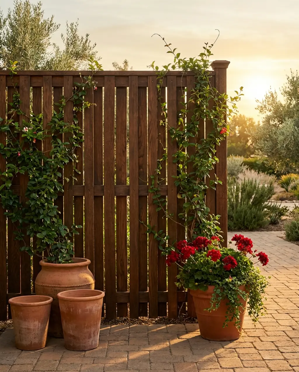 Mediterranean Style Fence with Terra Cotta Pots & Vines