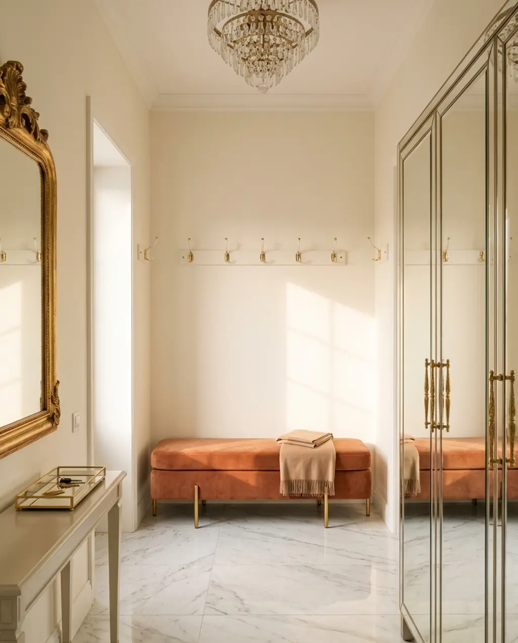 Glamorous Mudroom with Velvet Bench and Gold Accents