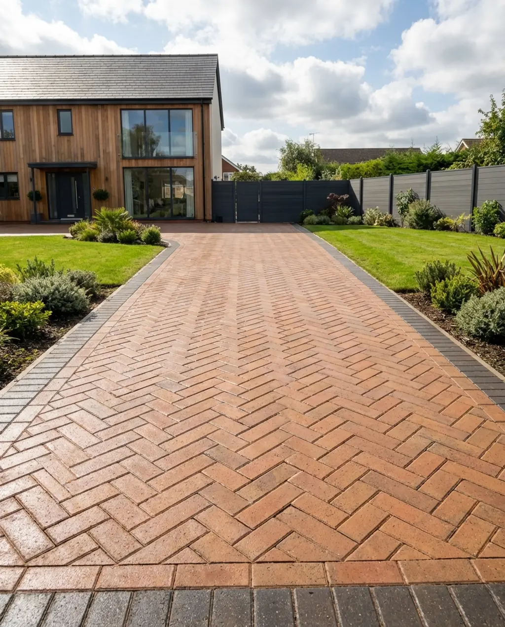UK Modern Driveway with Herringbone Block Paving and Border