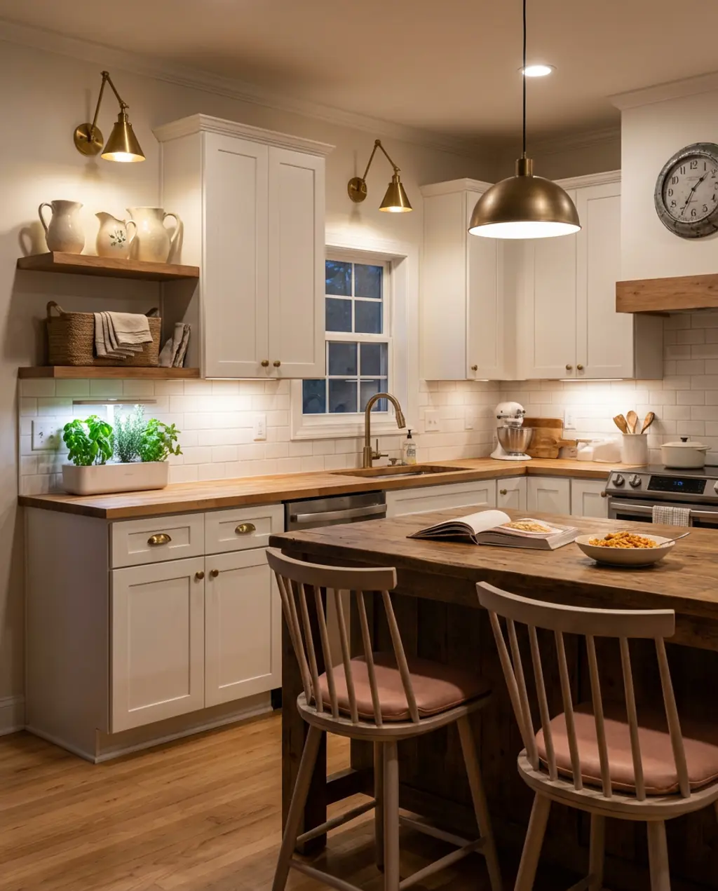 Chic Apartment Kitchen with Open Shelving and Subway Tile