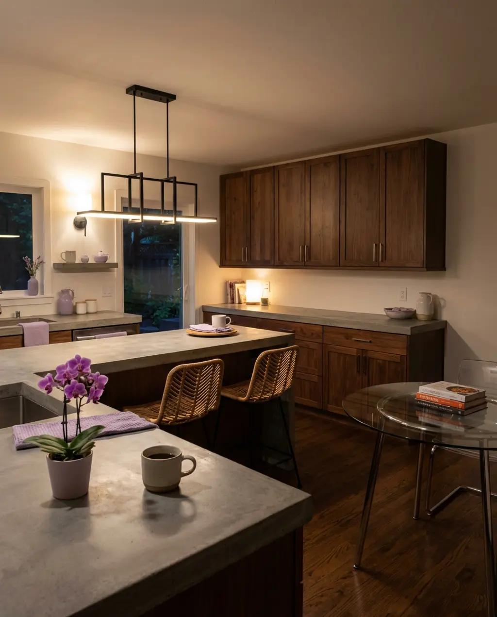 Contemporary Dark Wood Kitchen with Concrete Countertops