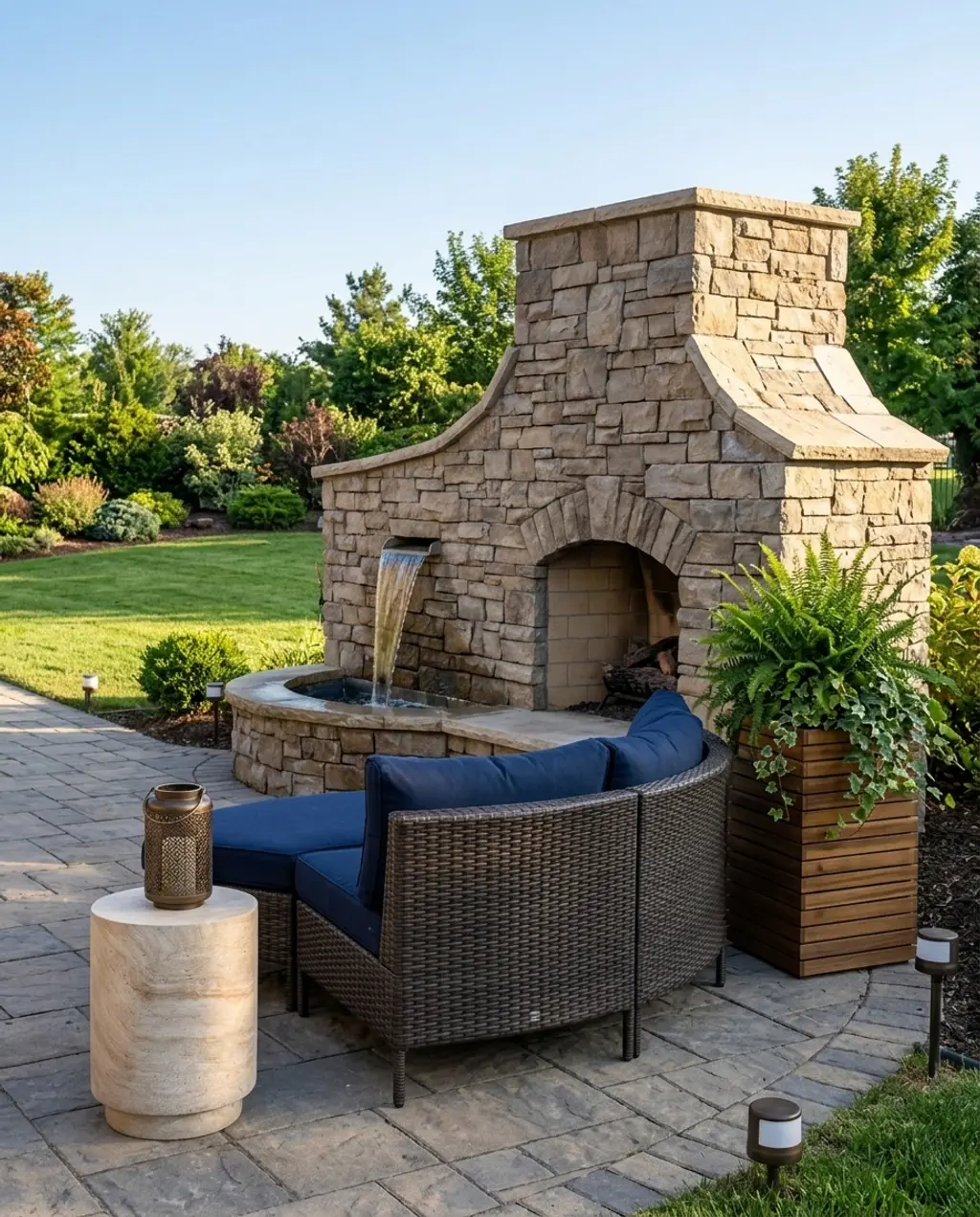 Curved Stone Fireplace with Water Feature in Backyard Oasis