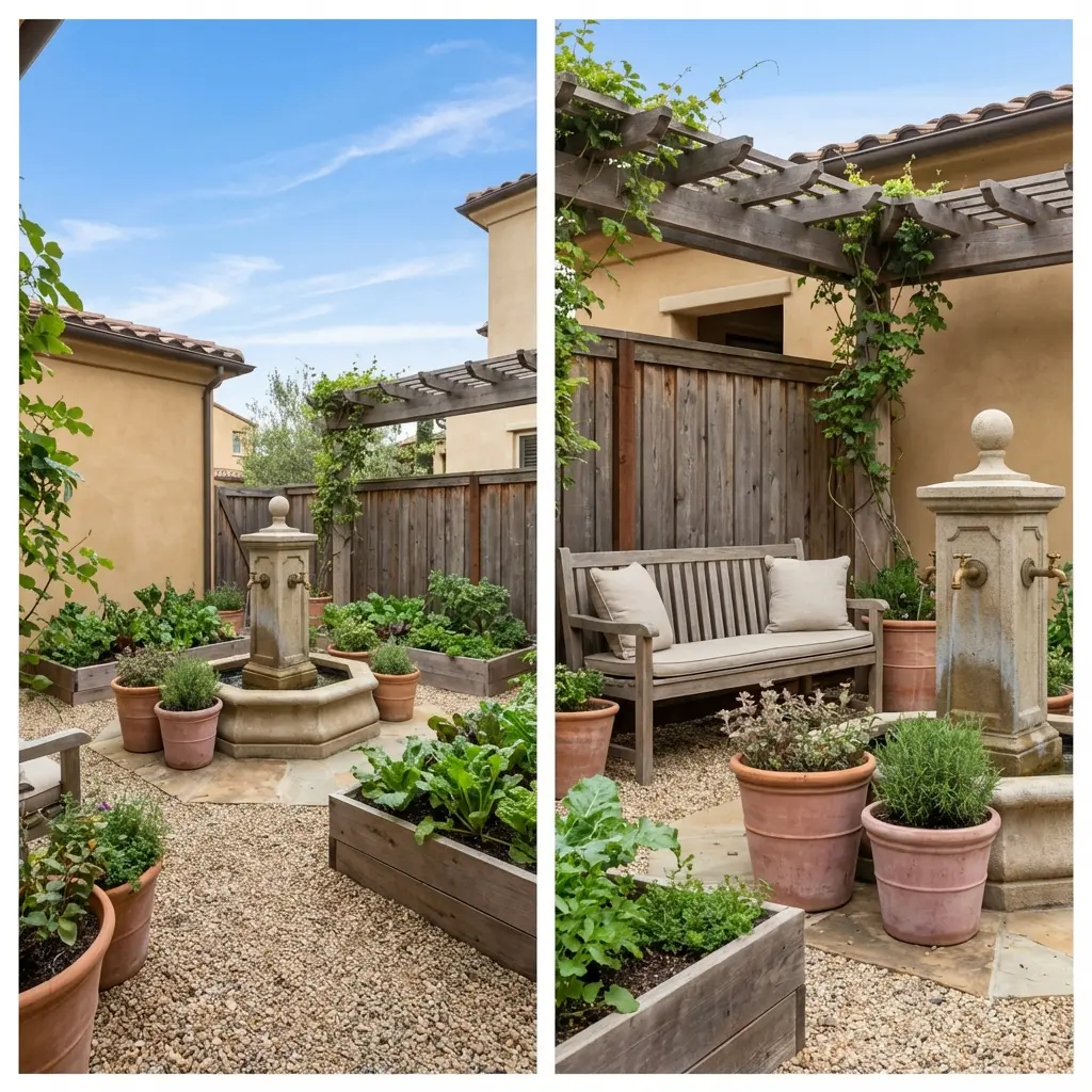 Fenced Courtyard Vegetable Garden with Water Feature