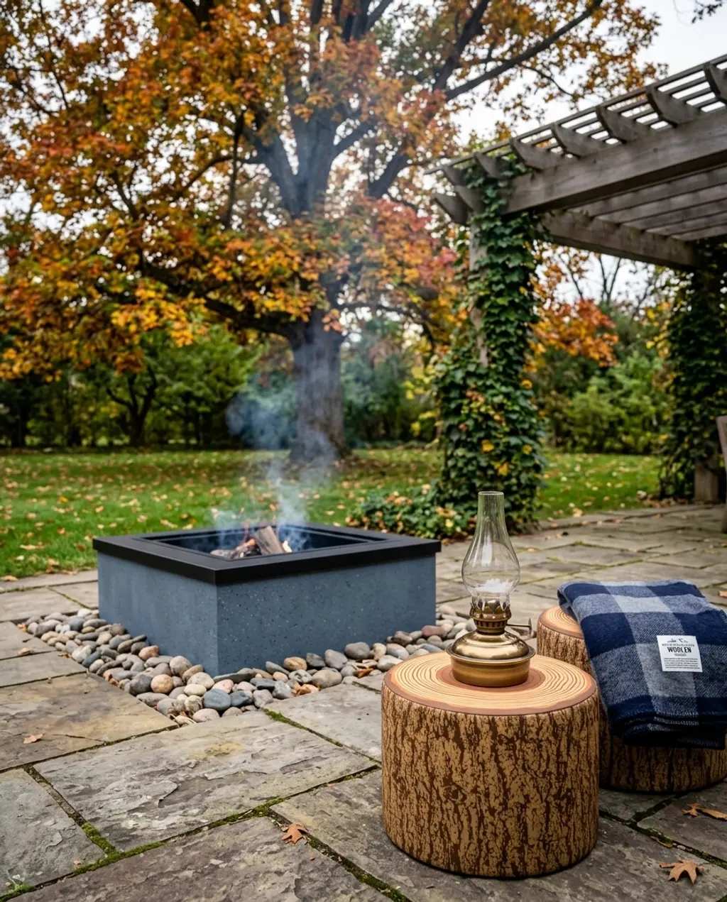 River Rock Fire Pit with Wood Stump Seating