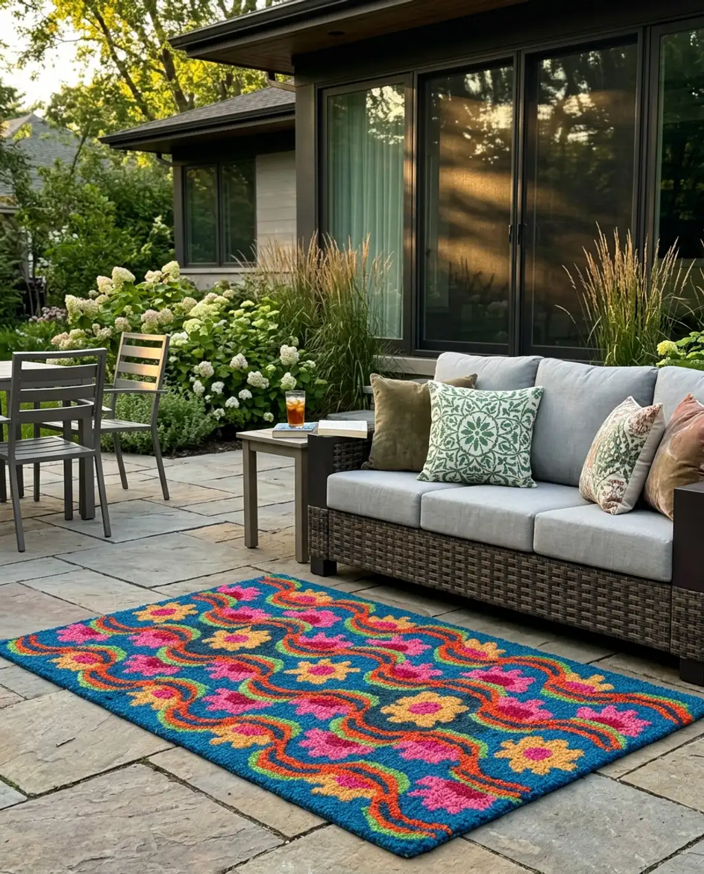 Eclectic Patio with Mix-and-Match Black and Wicker Furniture