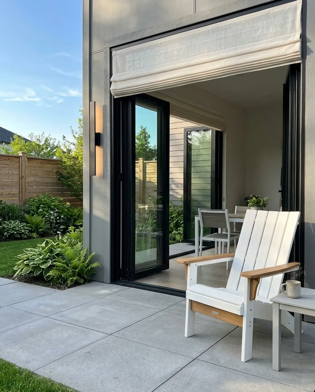 Kitchen with Black Framed Bifold Patio Doors and Sheer Roman Blinds