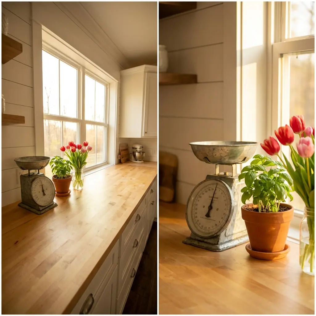 Farmhouse Spring Kitchen Counter with Vintage Scale