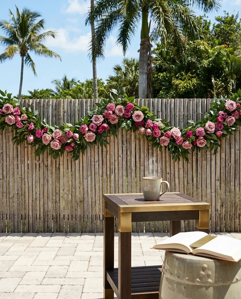 Tropical Bamboo Fence with Vibrant Floral Garland