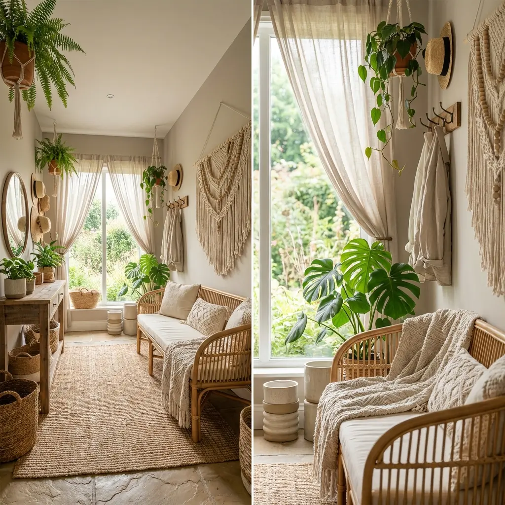 Bohemian Mudroom with Rattan and Macrame