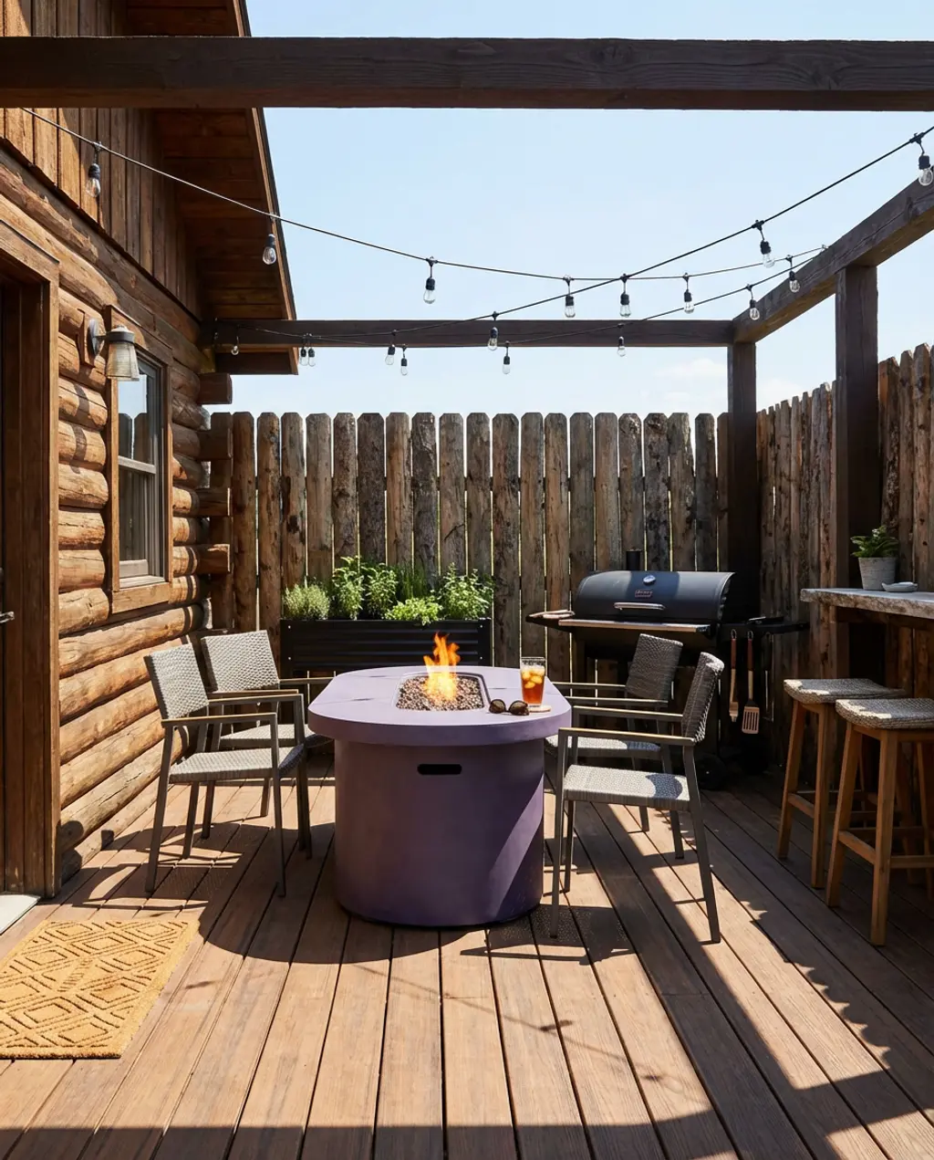 Rustic Log Cabin BBQ Den with Stone Fire Pit