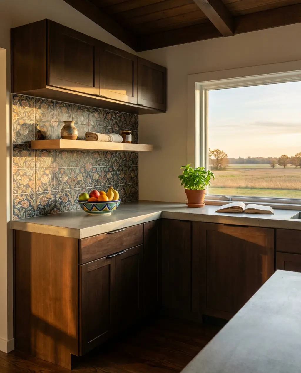 Dark Wood Kitchen with Vibrant Tile Backsplash