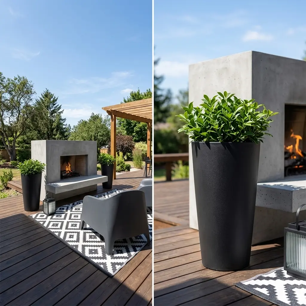 Floating Concrete Outdoor Fireplace for a Modern Deck