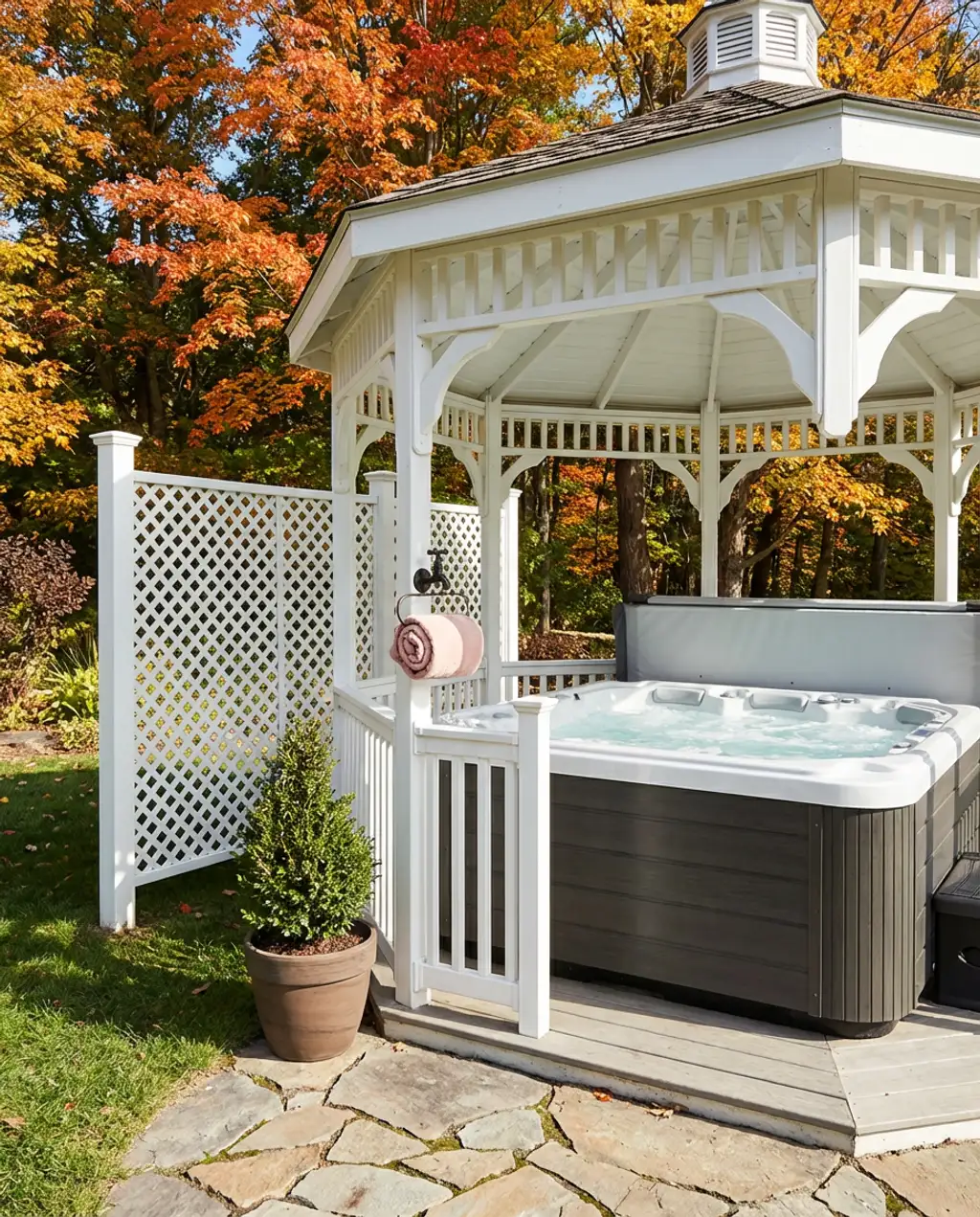 White Gazebo with Hot Tub and Privacy Lattice