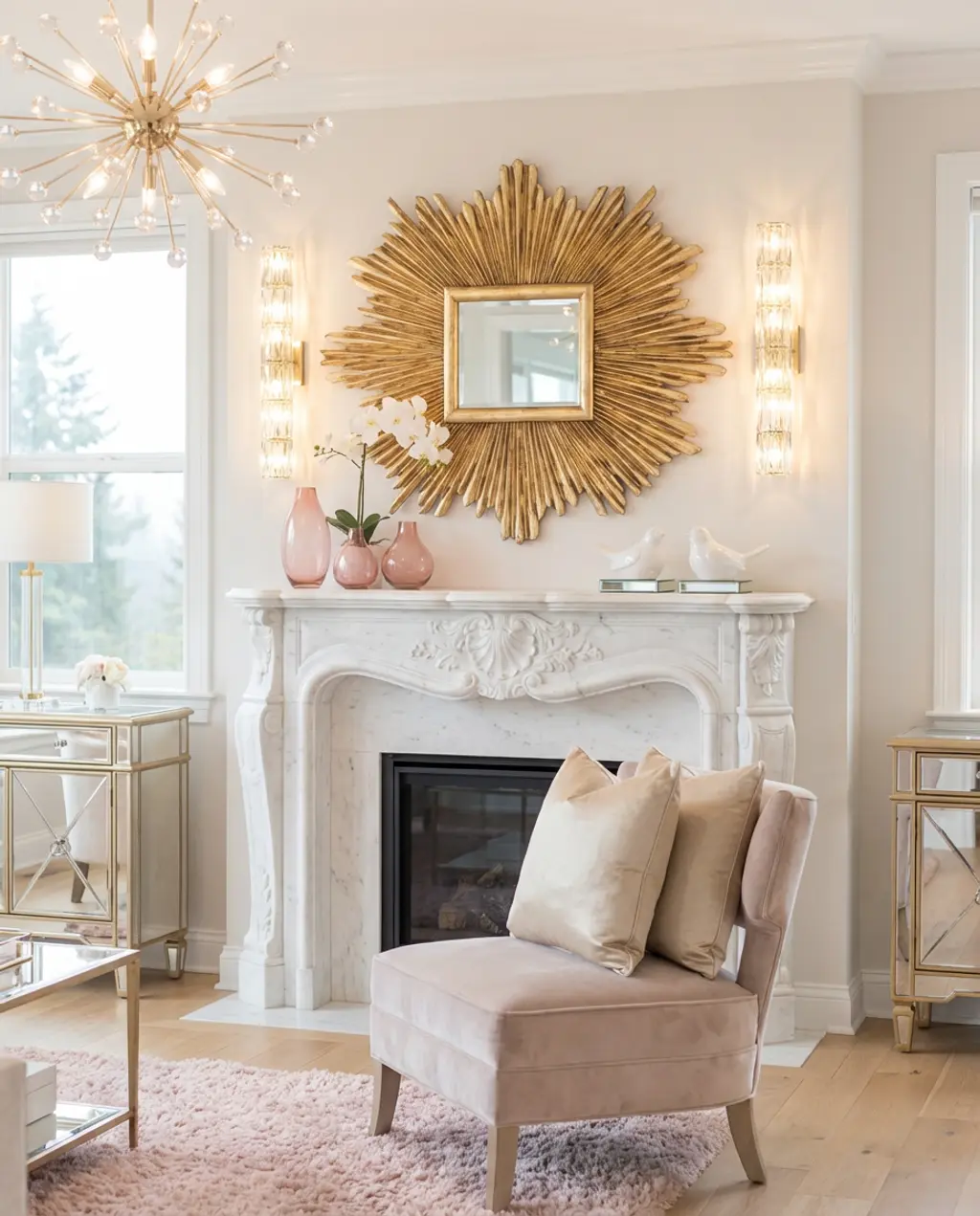 Hollywood Regency Mantle with Mirrored Surfaces and Ornate Details 2026