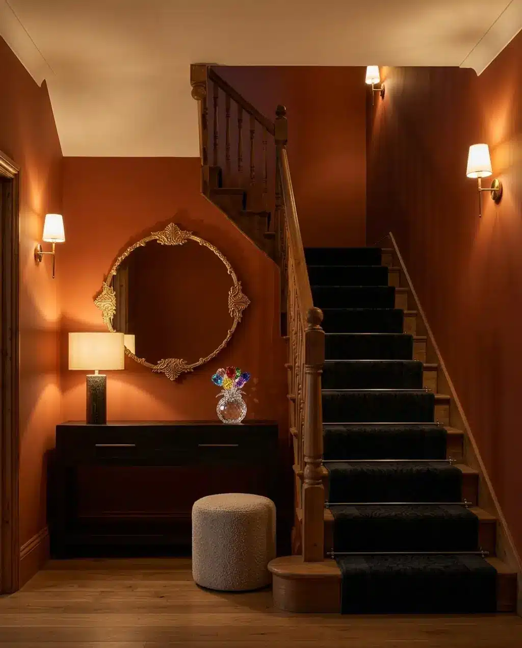 Traditional Carpeted Staircase with Ornate Wood Balusters