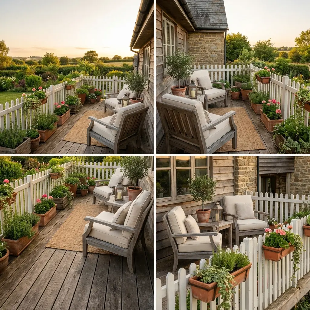 Rustic Farmhouse Balcony with Picket Railing Planters
