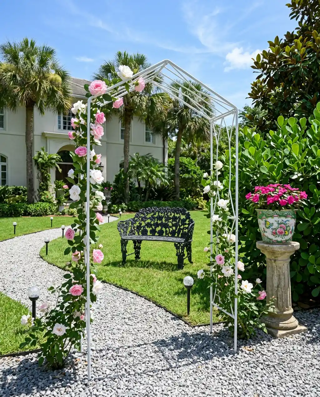 Romantic Rose Garden with Archway and Seating — Luxury Version